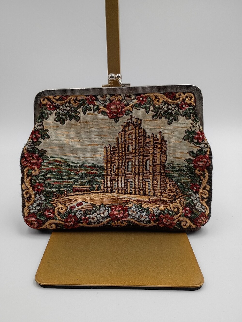 VTG Tapestry Clutch Ruins of St Pauls Macau Floral Frame Bag Hong Kong Novelty